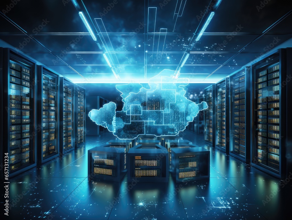 Poster an image of data storage solutions, including cloud storage, data centers, and physical storage devi