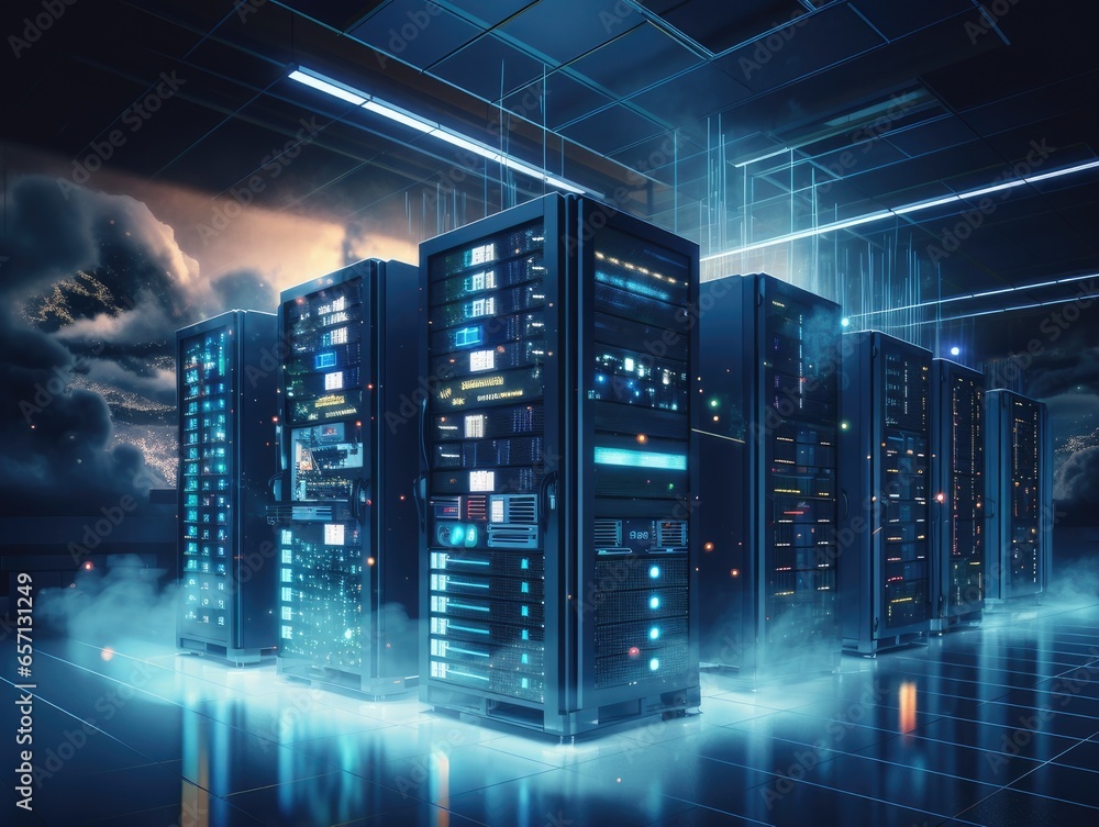 Poster an image of data storage solutions, including cloud storage, data centers, and physical storage devi