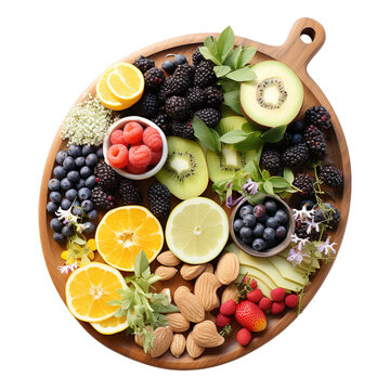 Top View of Orchard Oasis Arrangement Food on a wooden platter isolated on transparent background.