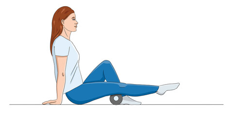 Illustration of a caucasian and brown hair woman doing self-massage with a massage roller, isolated character