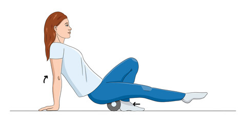 Illustration of a caucasian and brown hair woman doing self-massage with a massage roller, isolated character