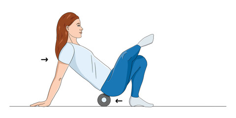 Illustration of a caucasian and brown hair woman doing self-massage with a massage roller, isolated character