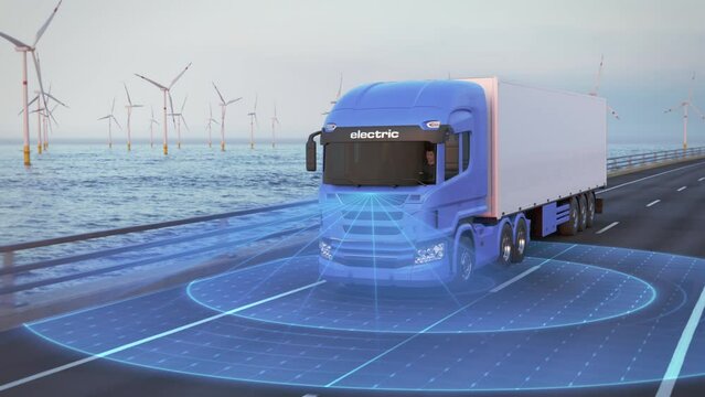 Generic autonomous self-driving electric semi truck with cargo trailer driving along a bridge. Graphic animation of sensors scanning the road. Future transportation technology concept. Front view
