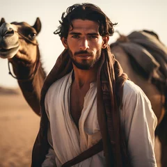 Foto op Canvas Arabian handsome man with brown eyes  in the desert walking with a camel © Benjamin