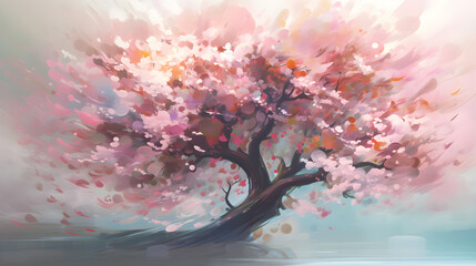 A cherry blossom pink tree with lots of leaves