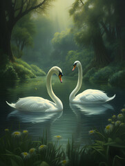 A painting of two swans swimming in a lake