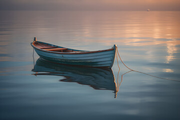 A small boat floating on top of a lake