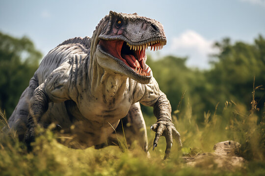 T rex or tyrannosaurus rex a large carnivorous theropod dinosaur of the Jurassic Cretaceous period with a fierce large monster size head jaw and teeth, Generative AI stock illustration image