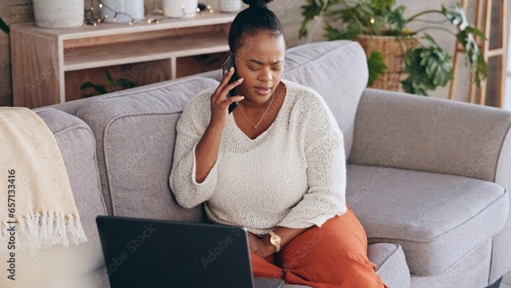 Poster laptop, phone call and worry with a black woman on a sofa in the living room of her home for problem
