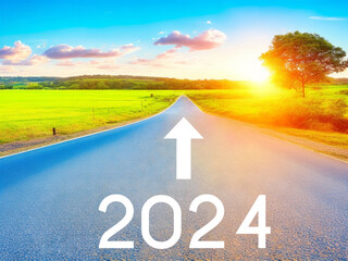 Empty road and New year 2024 concept. Driving on an empty road to Goals 2024 with sunrise.