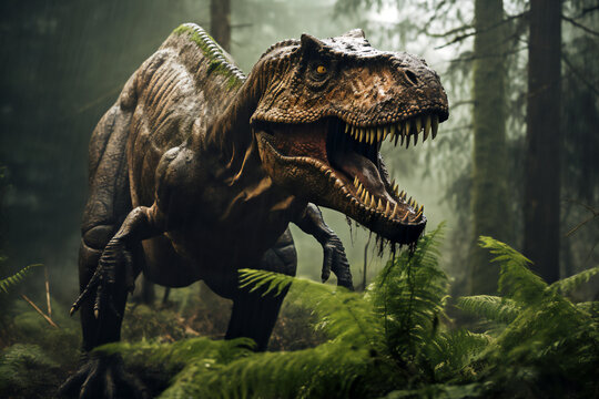 T rex or tyrannosaurus rex a large carnivorous theropod dinosaur of the Jurassic Cretaceous period with a fierce large monster size head jaw and teeth, Generative AI stock illustration image