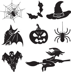 Obraz premium set of festive halloween elements, ghost, witch, hat, bat, pumpkin, spider, happy Halloween, terror, spooky, fear, suspense