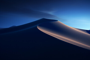Nature and landscape concept. Abstract minimalist landscape of blue desert dunes at night. Minimalism style. Blue colored. Landscape background with copy space. Generative AI - obrazy, fototapety, plakaty