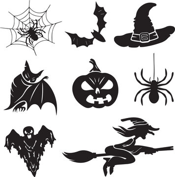 set of festive halloween elements, ghost, witch, hat, bat, pumpkin, spider, happy Halloween, terror, spooky, fear, suspense