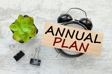ANNUAL PLAN. text on a wooden block on a table clock