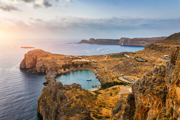 Aerial view on St. Paul's bay in Lindos, Rhodes island, Greece. Panoramic shot overlooking St Pauls...