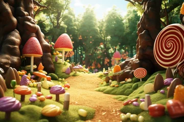 Fotobehang Candy land forest, sweet and magical world with candy and sweets © pilipphoto
