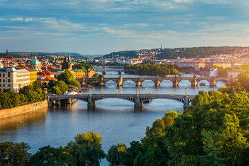 Fototapeta na wymiar Charles Bridge sunset view of the Old Town pier architecture, Charles Bridge over Vltava river in Prague, Czechia. Old Town of Prague with Charles Bridge, Prague, Czech Republic.