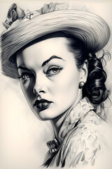 A drawing of a woman wearing a hat
