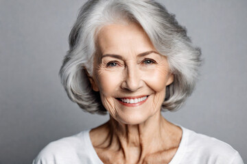 Happy beautiful elderly senior model with grey hair laughing and smiling, closeup portrait of beauty mature old woman with hairstyle and makeup, healthy face skin with wrinkles, dental care - obrazy, fototapety, plakaty