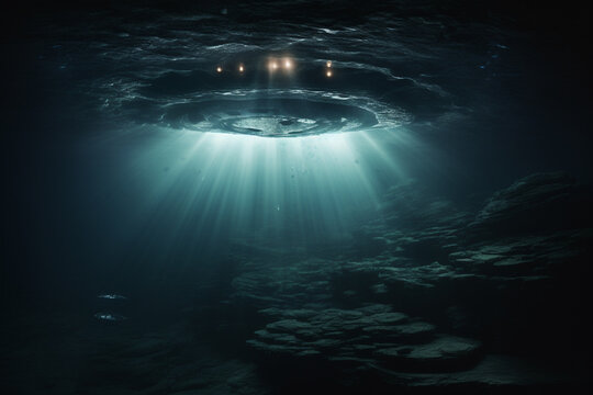 Sci-fi and fantasy concept. UFO and extraterrestrial ship swimming in bottom of the ocean. Alien spacecraft flying underwater. Generative AI
