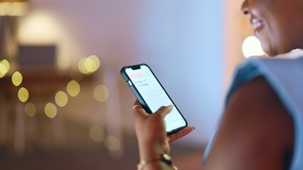 Hand, phone and a business woman reading an online blog for information about how to start....