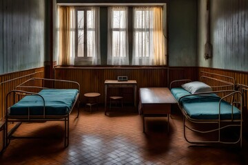 a living room for two people in an Soviet sanatorium - AI Generative - obrazy, fototapety, plakaty