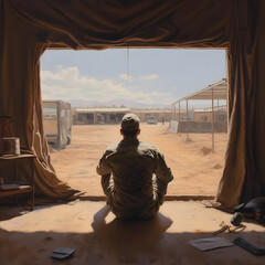 soldier in a military camp. soldier looks out into the horizon, surrounded by the aftermath of war, Generated AI - obrazy, fototapety, plakaty