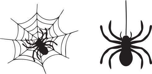 set of spider silhouette hanging from a spider web and on its web in dark black, fear, terror, suspense, haunted night and a lot of horror