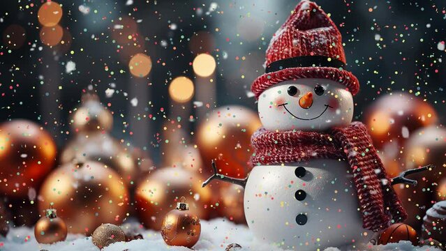 Video sketch of a festive New Year and Christmas animated card with multi-colored confetti congratulations to a cute snowman