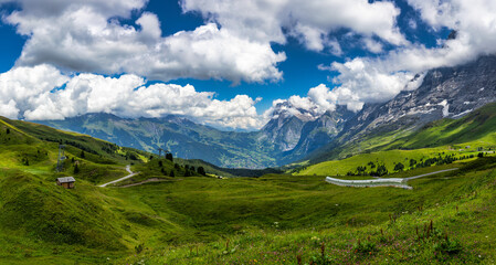 Panoramic view of idyllic mountain scenery in the Alps with fresh green meadows in bloom on a beautiful sunny day in summer, Switzerland. Idyllic mountain landscape in the Alps with meadows in summer.