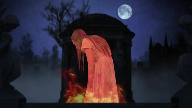 Graveyard, cemetery catched on fire. Ghost stands in the center of the frame. Statues on the sides, huge tombstone, gravestone. Halloween, spooky season.