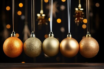 Set of Christmas ball ornaments in golden shades, hanging from their ribbons