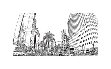 Building view with landmark of Sao Paulo is the city in Brazil. Hand drawn sketch illustration in vector.