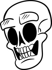 Vector drawing of human skull. Hand drawn,cartoon style,doodle,black and white,silhouette,contour,sketch. Halloween,October,scary,creepy,spooky,cute,silly,symbol,sign,holiday,bones,skeleton,weekend.
