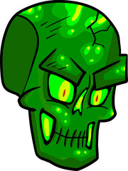 Hand drawn vector drawing of toxic radioactive green evil skull. Cartoon style, doodle, colour colourful. Halloween,October, holiday, sign, symbol, horror, creepy, devil, scary, skeleton, bones, cute.