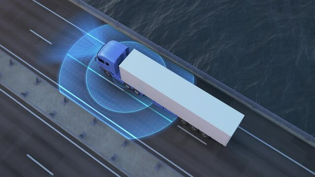Generic autonomous self-driving electric semi truck with cargo trailer driving along a bridge. Graphic animation of sensors scanning the road. Future transportation technology concept. Top view