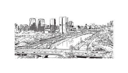 Building view with landmark of Sao Paulo is the city in Brazil. Hand drawn sketch illustration in vector.