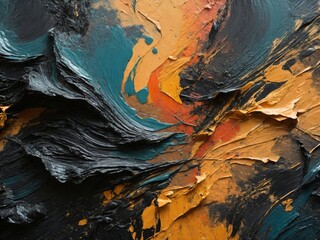 Closeup of abstract rough black-orange-blue art painting texture, with oil brushstroke, pallet knife paint on canvas