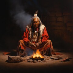 Un chef indien assis autour d'un feu pendant la nuit - obrazy, fototapety, plakaty