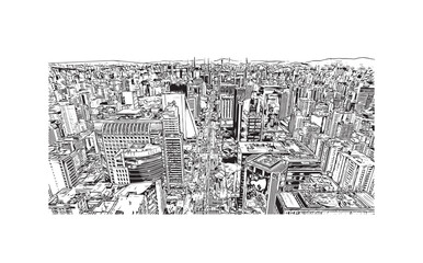 Building view with landmark of Sao Paulo is the city in Brazil. Hand drawn sketch illustration in vector.