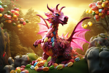 Candy land. Dragon made out of chocolate and candy. Sweet and magical world with candy and sweets