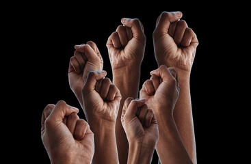 Fist, group protest and together by black background for human rights, power or solidarity for...