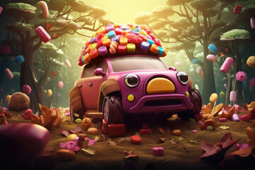 Candy land. Car made out of chocolate and candy. Sweet and magical world with candy and sweets
