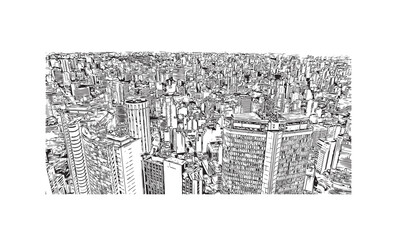 Building view with landmark of Sao Paulo is the city in Brazil. Hand drawn sketch illustration in vector.