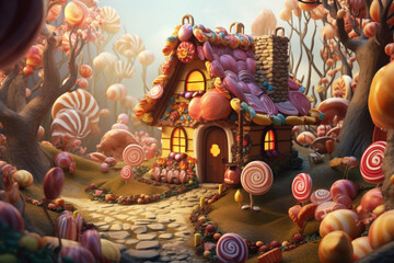 Candy land. House made out of chocolate and candy. Sweet and magical world with candy and sweets - obrazy, fototapety, plakaty