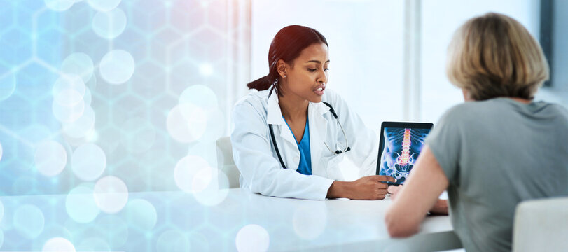 Doctor, patient and pointing on tablet for diagnosis on banner for mock up, bokeh and overlay for healthcare. Space, medicine or technology for results on x-ray for treatment, clinic or hospital - Powered by Adobe