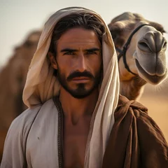 Foto op Canvas Arabian handsome man with brown eyes  in the desert walking with a camel © Benjamin