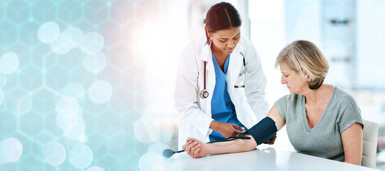 Healthcare, doctor and patient with blood pressure on banner, bokeh and heart for mock up for...