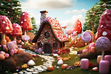 Candy land. House made out of chocolate and candy. Sweet and magical world with candy and sweets